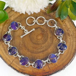 Boho Southwest Genuine Purple Copper Turquoise Gemstone Bracelet 925 Silver